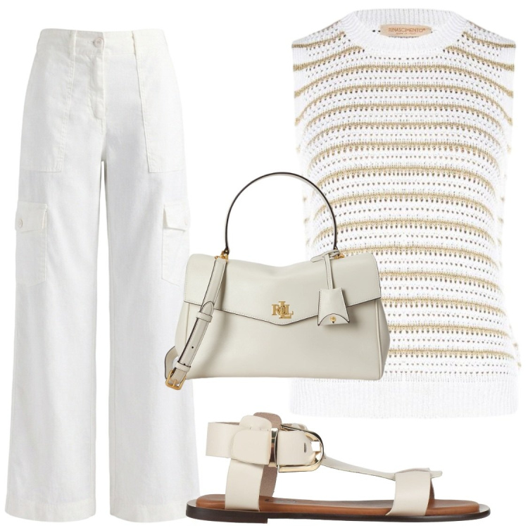 Outfit donna - Cargo in lino e top in crochet. Stile Chic per Ufficio. Abbinamento con sandali alla schiava, pantaloni cargo, top, borse a mano.
