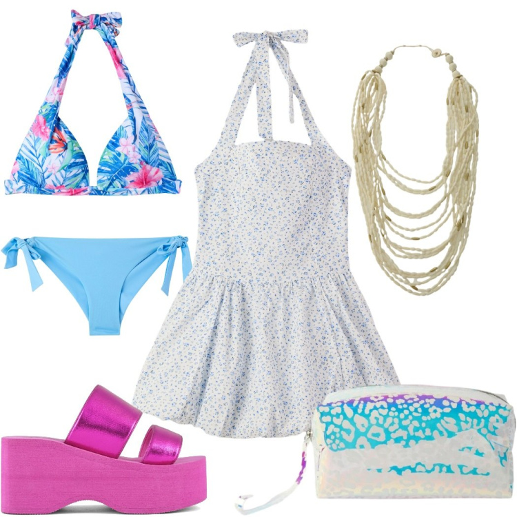 Outfit donna - Weekend al mare : trendy. Stile Trendy per Mare. Abbinamento con bikini, vestiti corti, bikini, pochette, collane, zeppe.