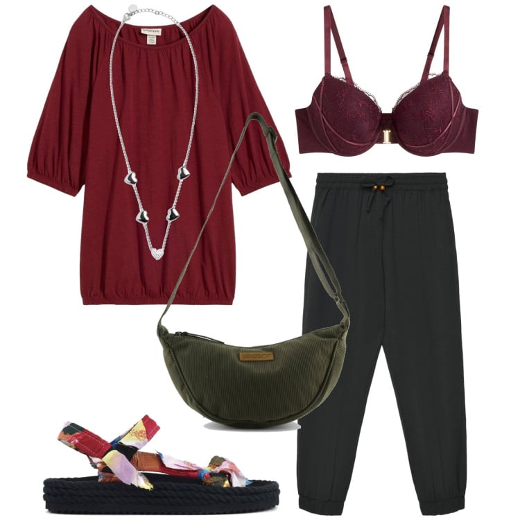 Outfit donna - Total look #2429088. Stile Trendy per Tutti i giorni. Abbinamento con bluse, reggiseni, pantaloni, collane, sandali, borse a tracolla.