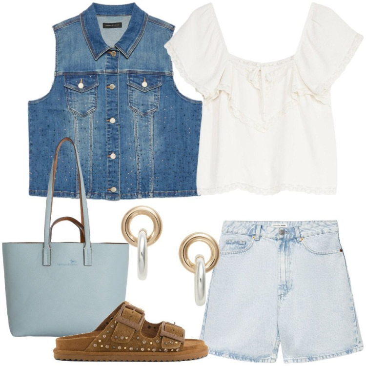 Outfit donna - Total look #2429092. Stile Casual chic per Tutti i giorni. Abbinamento con canottiere, shopping bag, bermuda, gilet, orecchini, sandali in pelle.