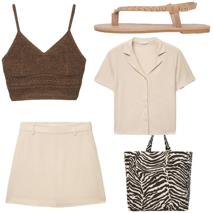 Outfit donna - Colori neutri e stile safari. Stile Etnico per Tutti i giorni. Abbinamento con shorts, top, shopping bag, ciabatte, camicie a manica corta.