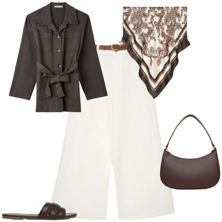 Outfit donna - Casual chic ogni giorno. Stile Casual chic per Tutti i giorni. Abbinamento con pantaloni a palazzo, cappotti, borse a tracolla, top, ciabatte.