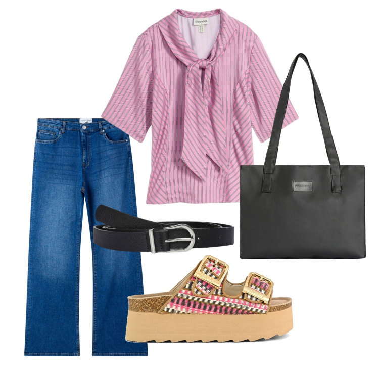 Outfit donna - Total look #2429102. Stile Basic per Tutti i giorni. Abbinamento con bluse, cinture, jeans a zampa, shopping bag, sandali.