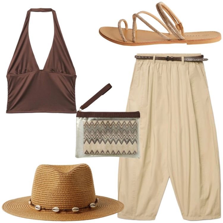 Outfit donna - Trendy con i pantaloni harem. Stile Etnico per Tutti i giorni. Abbinamento con pantaloni, cappelli, pochette, top, sandali.