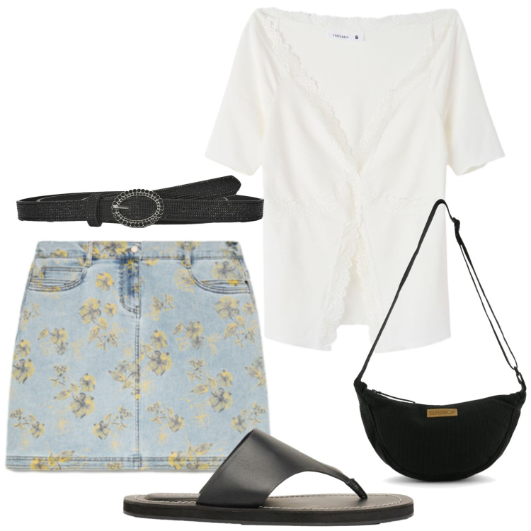 Outfit donna - Total look #2429104. Stile Basic per Tutti i giorni. Abbinamento con infradito, cinture, t-shirt, minigonne, borse a tracolla.