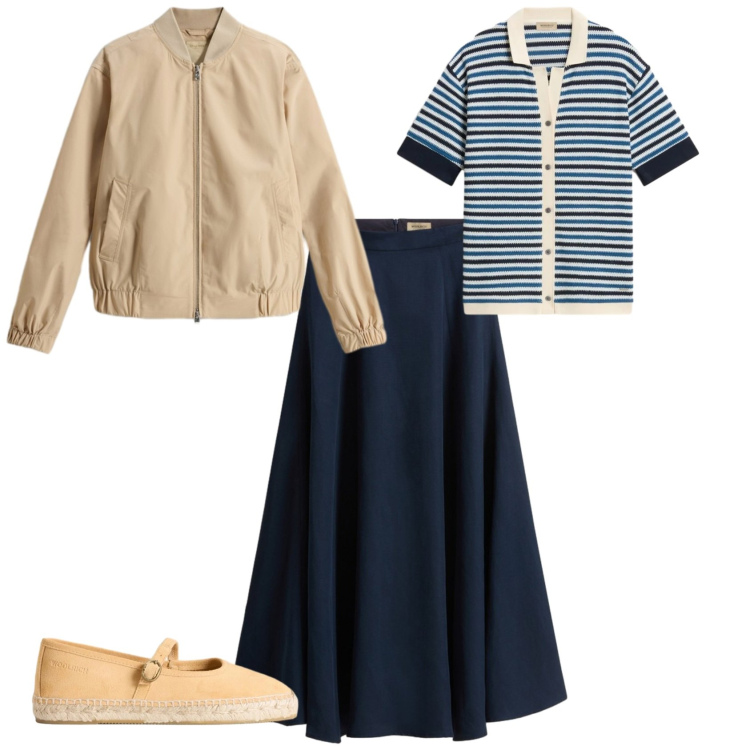 Outfit donna - Casual chic ufficio tempo libero. Stile Casual chic per Ufficio. Abbinamento con espadrillas, camicie a manica corta, bomber, gonne lunghe.