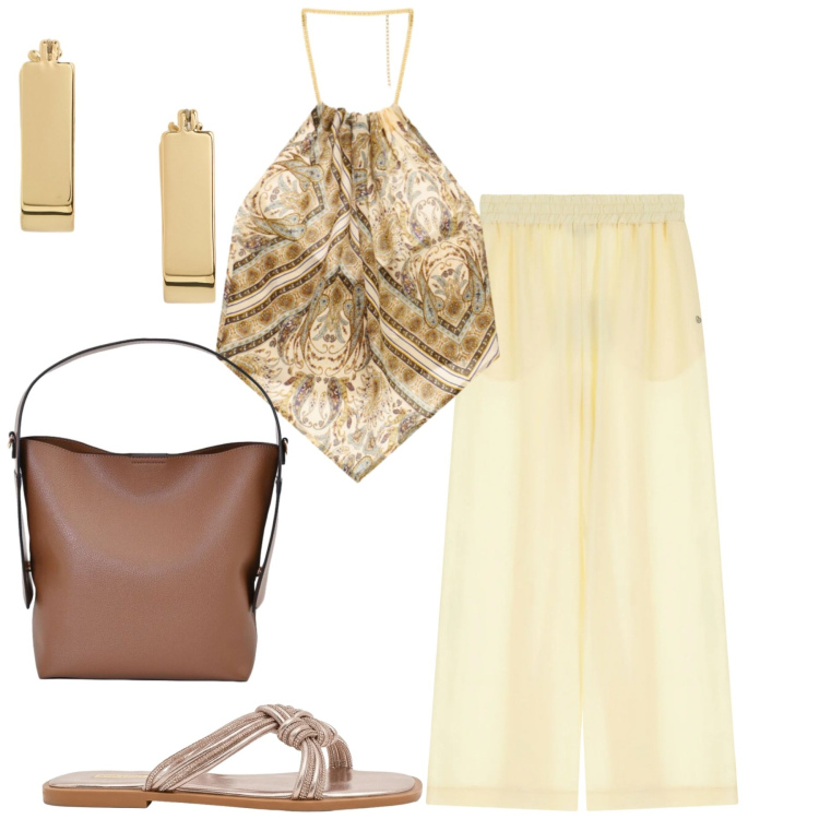 Outfit donna - Summer love. Stile Casual chic per Tutti i giorni. Abbinamento con sandali, borse a mano, top, pantaloni, orecchini.