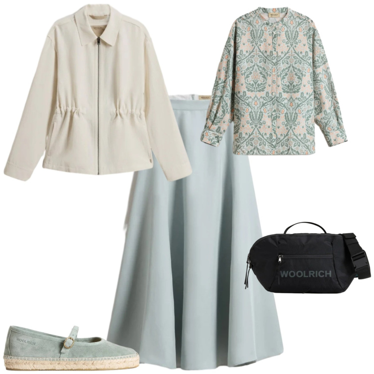 Outfit donna - Casual chic ogni giorno. Stile Casual chic per Tutti i giorni. Abbinamento con gonne lunghe, camicie, espadrillas, borse a tracolla, parka.