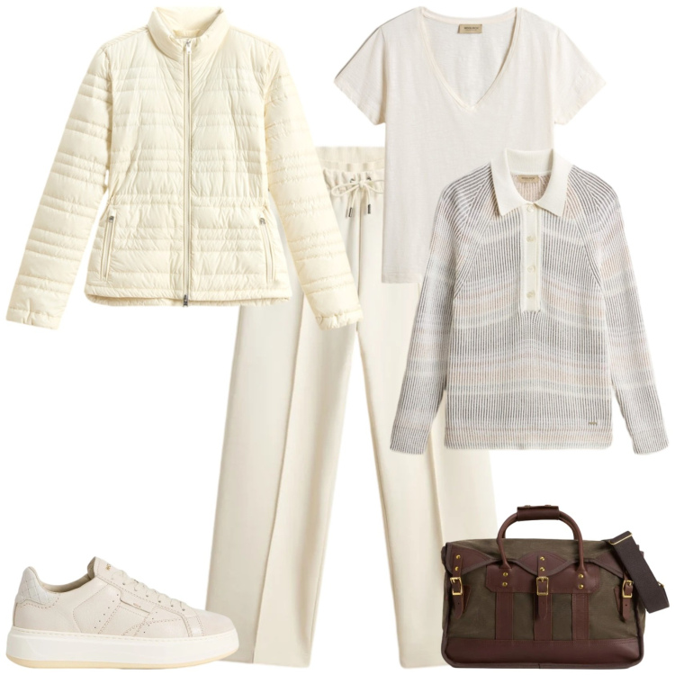 Outfit donna - Sporty chic week in montagna. Stile Sporty chic per Tutti i giorni. Abbinamento con pantaloni, t-shirt, sneakers, maglieria, piumini, borse a tracolla.