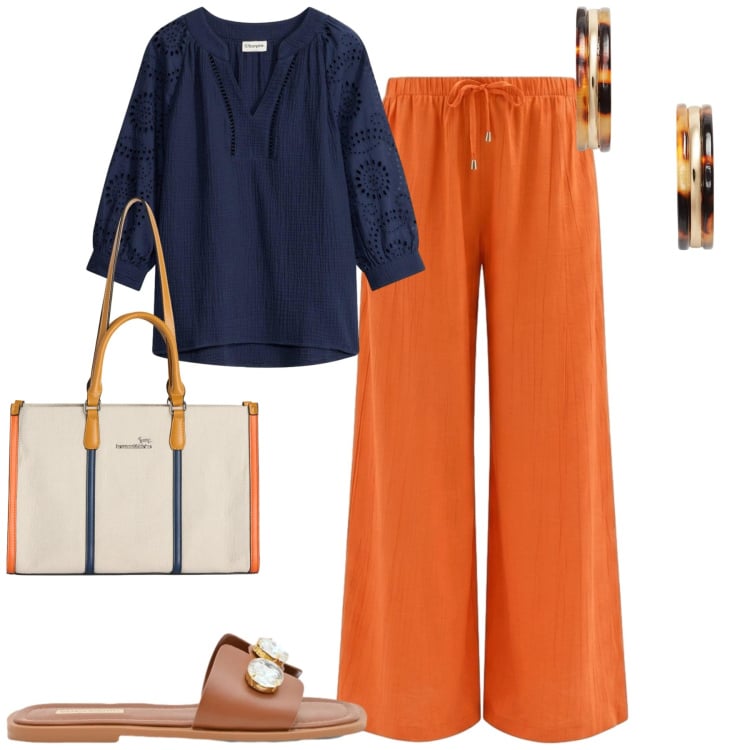 Outfit donna - Sapphire and tangerine. Stile Casual chic per Tutti i giorni. Abbinamento con tuniche, borse tote, sandali gioiello, pantaloni a palazzo, orecchini.