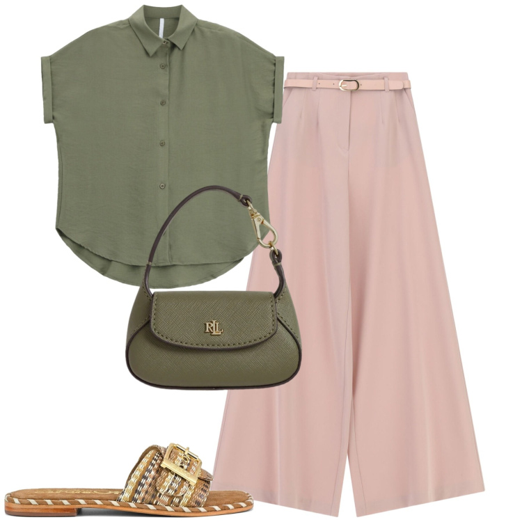Outfit donna - Olive green and blush pink. Stile Urban per Tutti i giorni. Abbinamento con pantaloni a palazzo, camicie a manica corta, borse a mano, ciabatte.