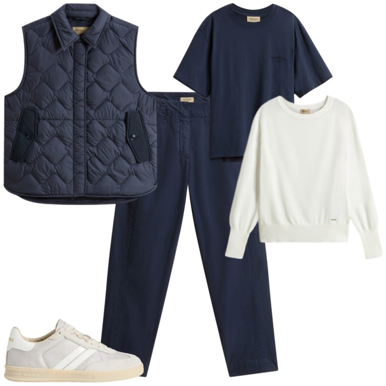 Outfit donna - Week end in montagna. Stile Sporty chic per Tutti i giorni. Abbinamento con pantaloni, t-shirt, gilet, sneakers, maglieria.