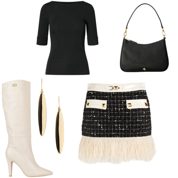 Outfit donna - Total look #2429136. Stile Glamour per Serata fuori. Abbinamento con stivali, minigonne, orecchini, t-shirt, borse a spalla.