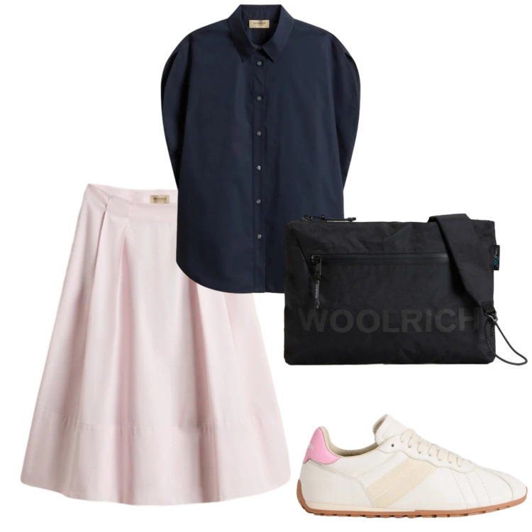Outfit donna - Total look #2429137. Stile Casual per Tutti i giorni. Abbinamento con gonne lunghe, borse a tracolla, sneakers, bluse.