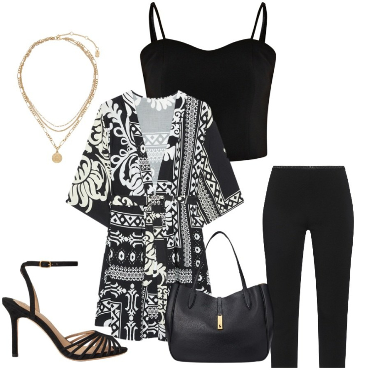 Outfit donna - Total look #2429139. Stile Glamour per Serata fuori. Abbinamento con leggings, top, caftani, borse tote, sandali col tacco, ciondoli.