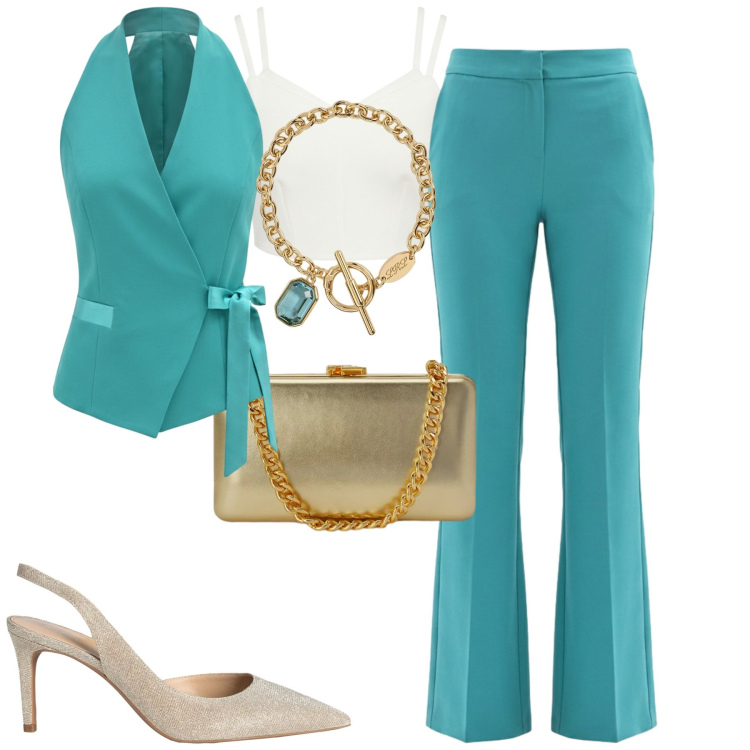 Outfit donna - Turchese. Stile Chic per Cerimonia. Abbinamento con décolleté, gilet, top, pantaloni a palazzo, clutch, braccialetti.
