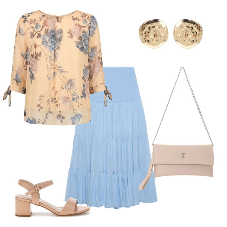 Outfit donna - Total look #2429142. Stile Casual chic per Ufficio. Abbinamento con gonne lunghe, orecchini, bluse, borse a tracolla, sandali col tacco.