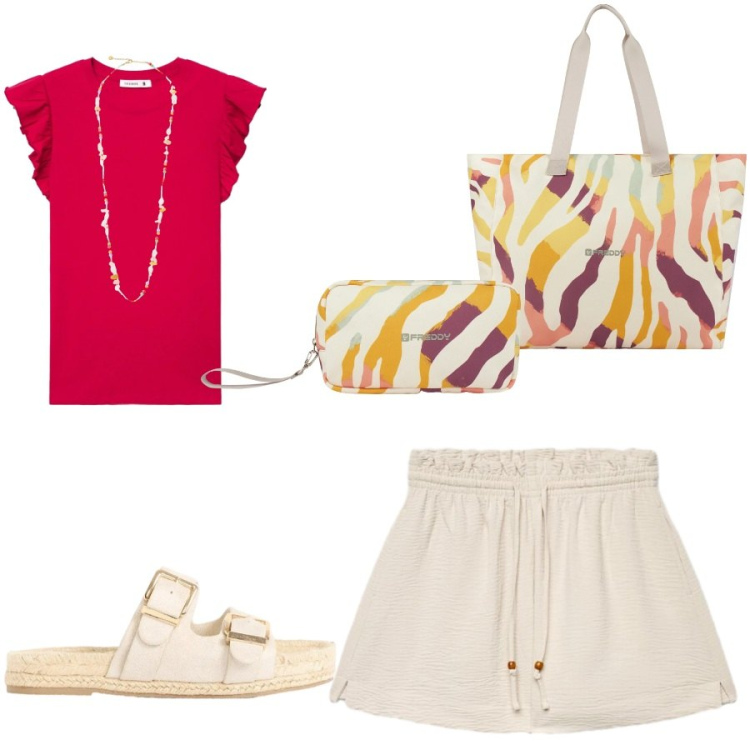 Outfit donna - Total look #2429145. Stile Glamour per Tutti i giorni. Abbinamento con ciabatte, t-shirt, shorts, collane, shopping bag, valigie.