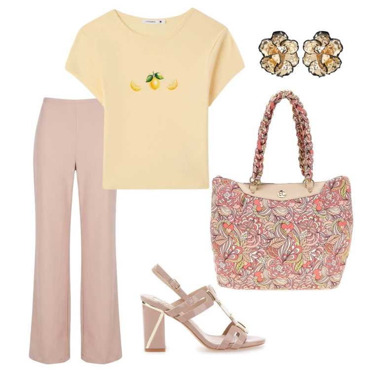 Outfit donna - Total look #2429148. Stile Casual chic per Ufficio. Abbinamento con t-shirt, orecchini, pantaloni, borse a spalla, sandali col tacco.