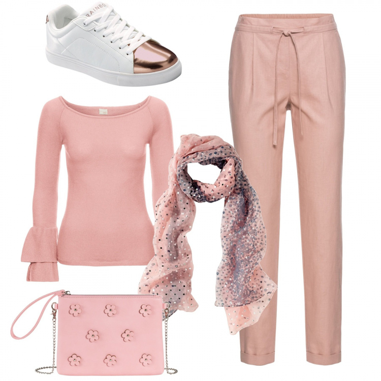 Outfit donna - Tempo libero. Stile Basic per Tutti i giorni. Abbinamento con pantaloni, maglione, sneakers, foulard, pochette fantasia floreale.