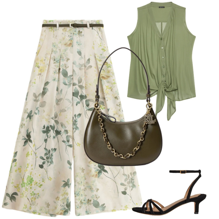 Outfit donna - Luglio green. Stile Chic per Tutti i giorni. Abbinamento con pantaloni a palazzo, top, sandali col tacco, borse a spalla.