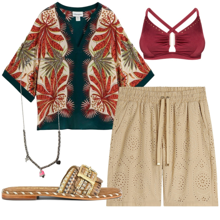 Outfit donna - Mare. Stile Casual per Mare. Abbinamento con tuniche, bikini, bermuda, ciondoli, ciabatte.