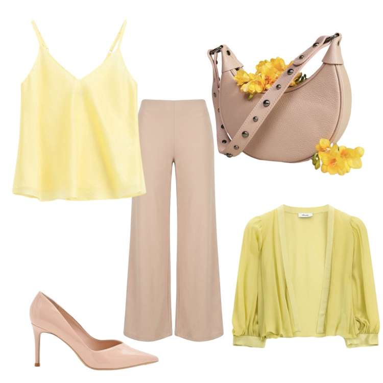 Outfit donna - Total look #2429155. Stile Chic per Serata fuori. Abbinamento con décolleté, top, blazer, borse a spalla, pantaloni a palazzo.