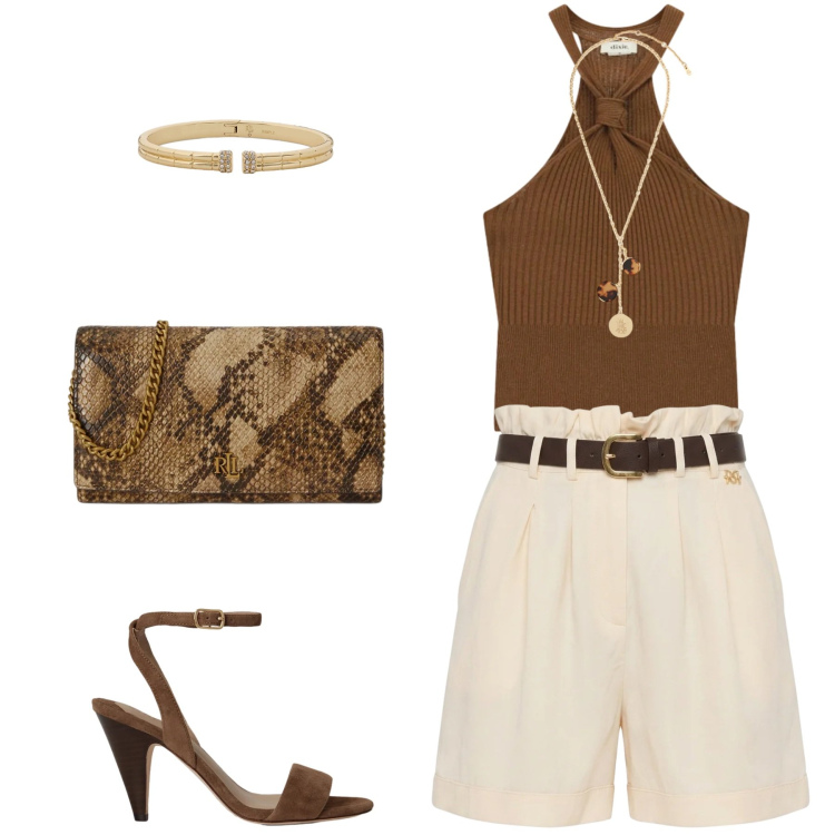 Outfit donna - Total look #2429161. Stile Chic per Serata fuori. Abbinamento con top, shorts, collane, braccialetti, borse a tracolla, sandali in pelle.
