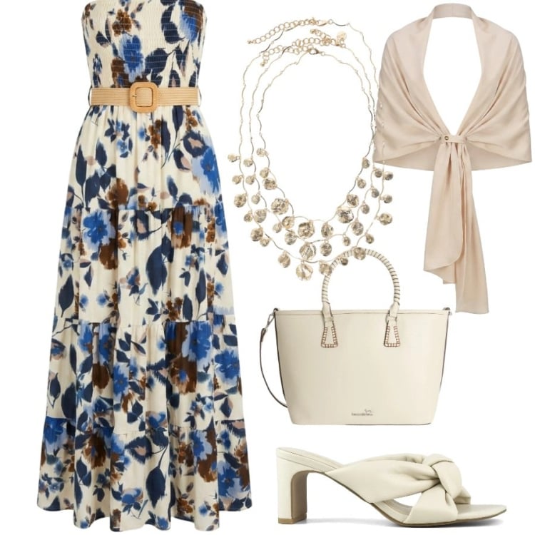 Outfit donna - Total look #2429163. Stile Chic per Tutti i giorni. Abbinamento con shopping bag, stole, collane, vestiti lunghi, sandali col tacco.