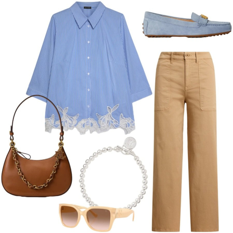 Outfit donna - In ufficio d\'estate. Stile Casual chic per Ufficio. Abbinamento con camicie, braccialetti, occhiali da sole, pantaloni, mocassini, borse a spalla.
