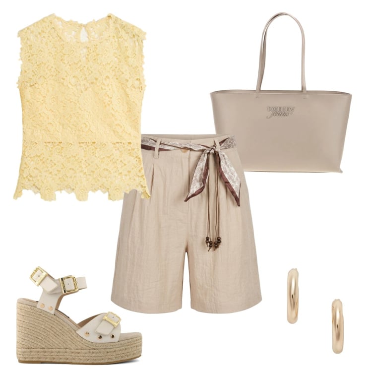 Outfit donna - Total look #2429168. Stile Casual chic per Tutti i giorni. Abbinamento con top, bermuda, orecchini, zeppe, borse a spalla.