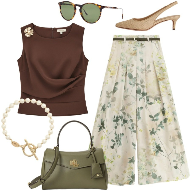 Outfit donna - Happy hour chic. Stile Chic per Serata fuori. Abbinamento con top, pantaloni a palazzo, occhiali da sole, décolleté, borse a mano, braccialetti.
