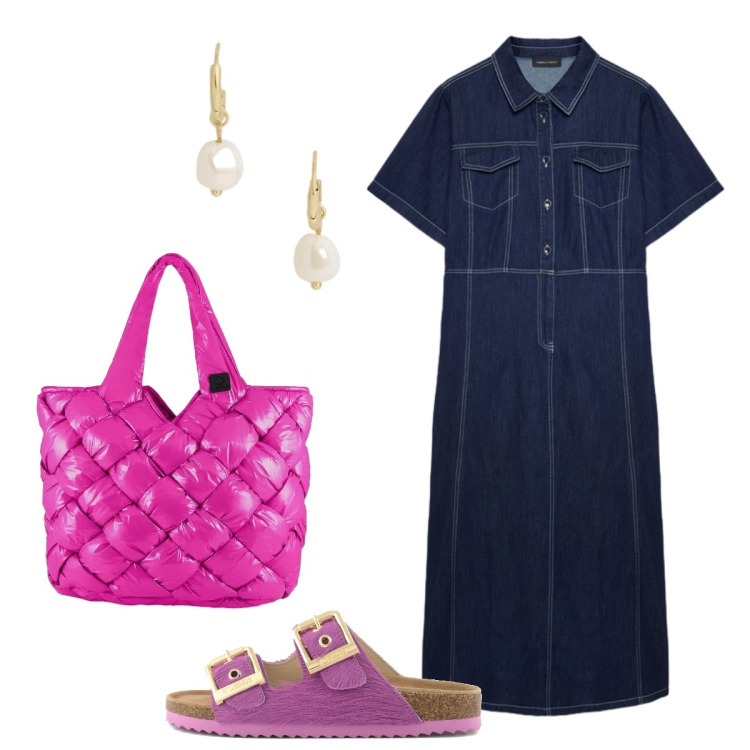 Outfit donna - L’è chemisier in tessuto jeans. Stile Casual chic per Ufficio. Abbinamento con vestiti chemisier, orecchini, borse tote, sandali in pelle.