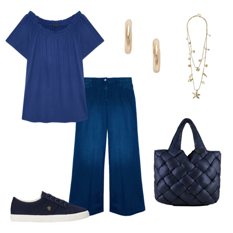 Outfit donna - Total look #2429171. Stile Casual chic per Serata fuori. Abbinamento con collane, t-shirt, jeans, orecchini, sneakers, borse tote.