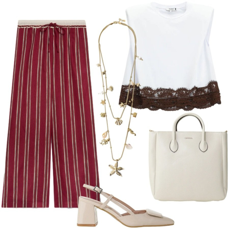 Outfit donna - Righe must-have. Stile Casual chic per Tutti i giorni. Abbinamento con pantaloni, top, borse a tracolla, décolleté, collane.
