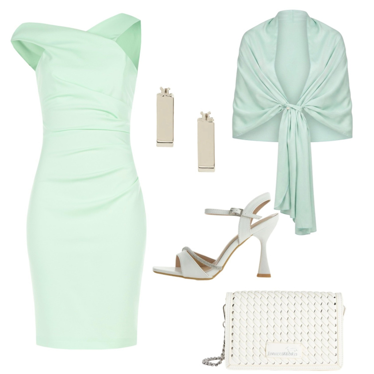 Outfit donna - Total look #2429173. Stile Glamour per Cerimonia. Abbinamento con borse a tracolla, vestiti asimmetrici, stole, sandali gioiello, orecchini.