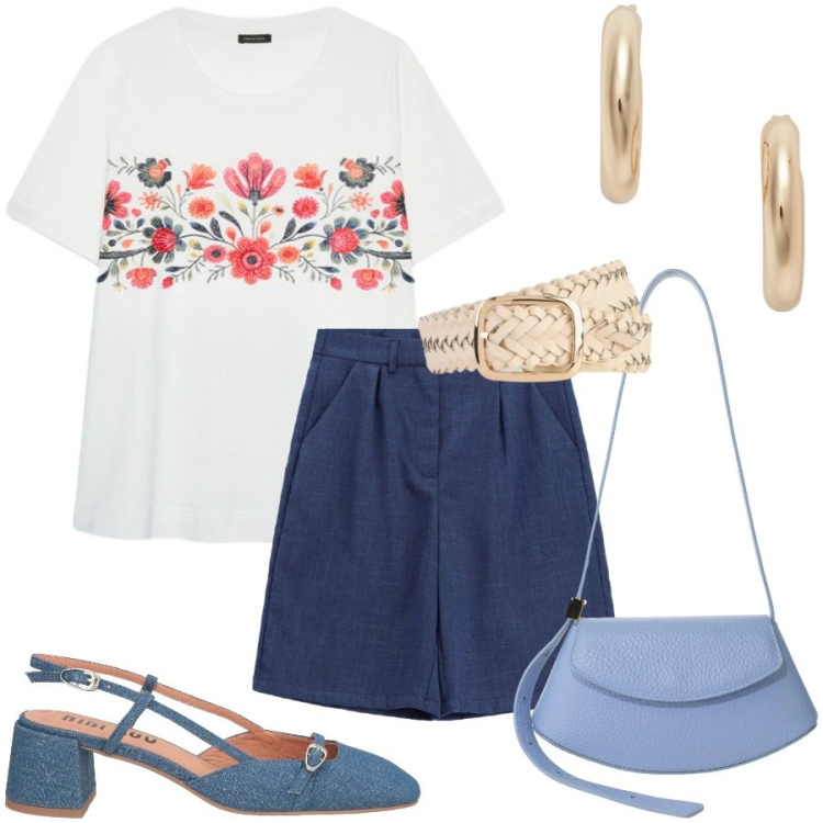 Outfit donna - Urban style. Stile Casual chic per Tutti i giorni. Abbinamento con décolleté, cinture, borse a spalla, bermuda, t-shirt, orecchini.