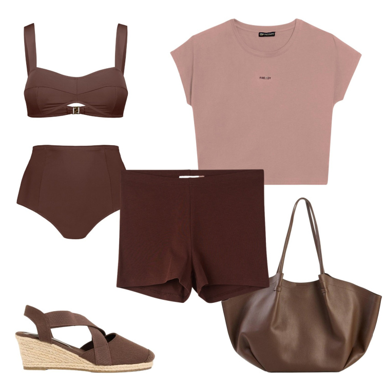 Outfit donna - Total look #2429176. Stile Casual per Mare. Abbinamento con zeppe, shopping bag, shorts, t-shirt, bikini.