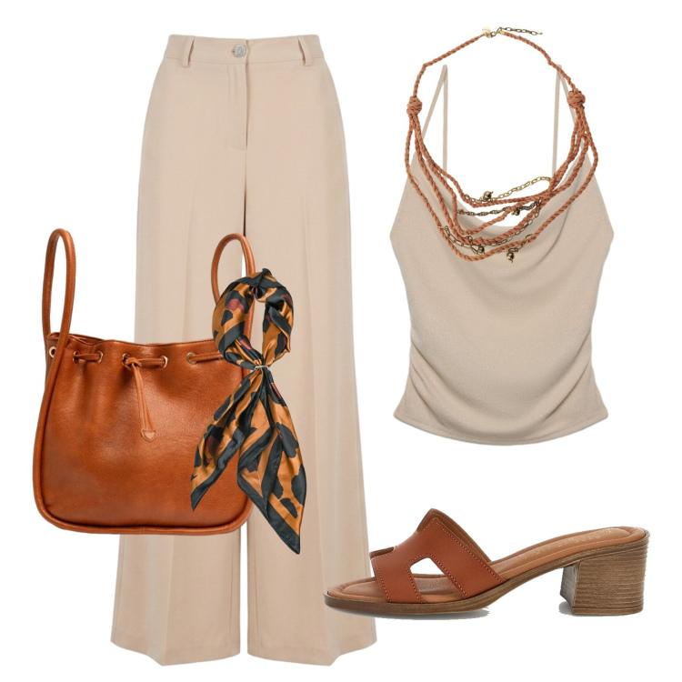 Outfit donna - Stile e calore. Stile Minimal per Tutti i giorni. Abbinamento con canottiere, collane, borse a secchiello, pantaloni a palazzo, foulard, sandali col tacco.