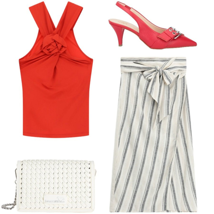 Outfit donna - La gonna pareo a righe. Stile Chic per Serata fuori. Abbinamento con décolleté, borse a tracolla, gonne longuette, canottiere.