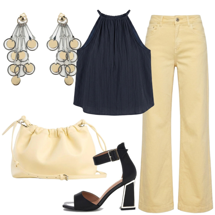 Outfit donna - Giallo di sera. Stile Glamour per Serata fuori. Abbinamento con borse a tracolla, orecchini, top, pantaloni, sandali col tacco.