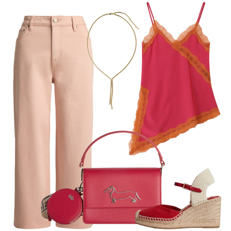 Outfit donna - Summer energy. Stile Casual chic per Ufficio. Abbinamento con borse a tracolla, zeppe, jeans, collane, top.