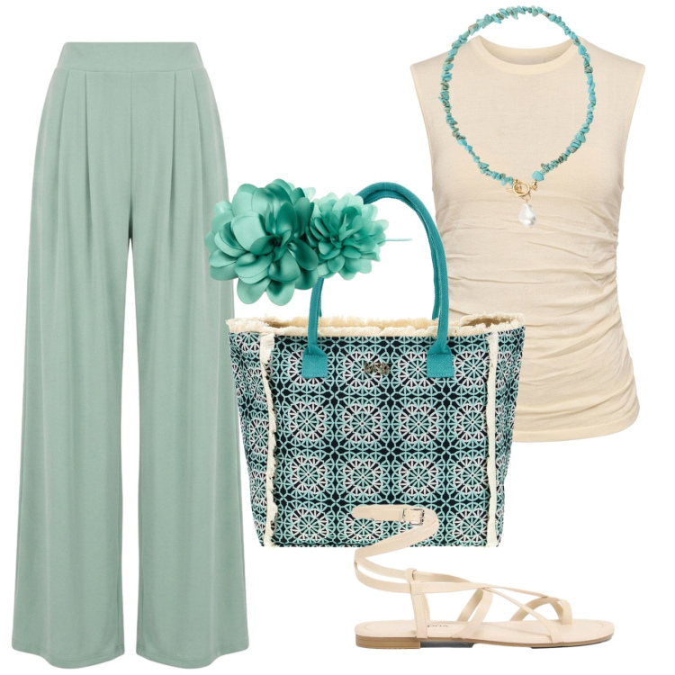 Outfit donna - Acqua marina. Stile Boho per Tutti i giorni. Abbinamento con sandali, pantaloni a palazzo, canottiere, cinture, collane, borse a spalla.