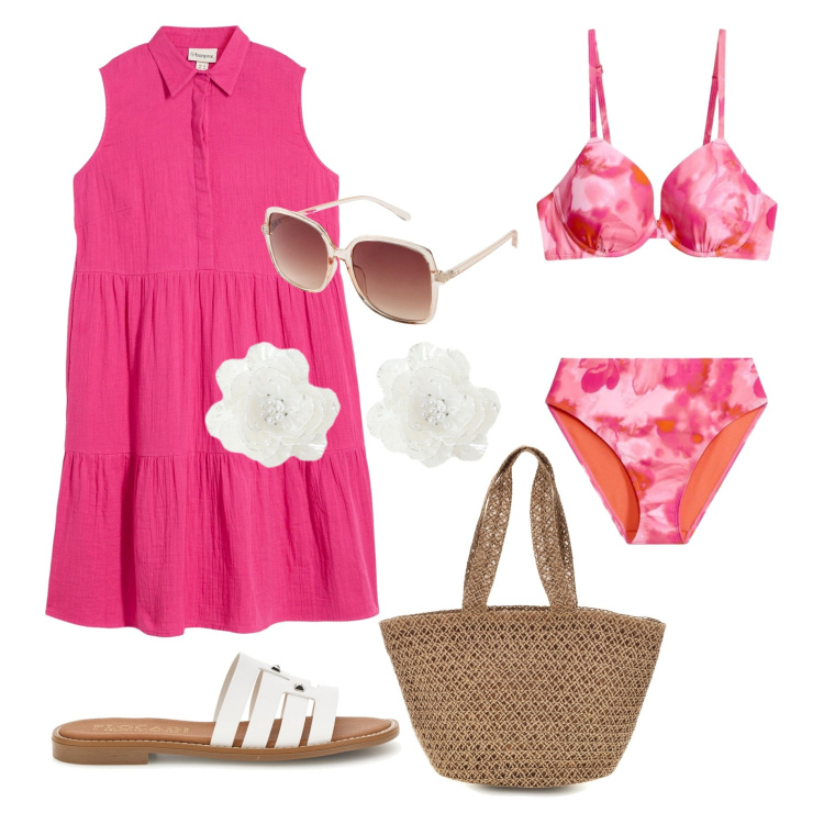 Outfit donna - Colori vivaci per il mare. Stile Boho per Mare. Abbinamento con vestiti, bikini, occhiali da sole, orecchini, borse tote, ciabatte.