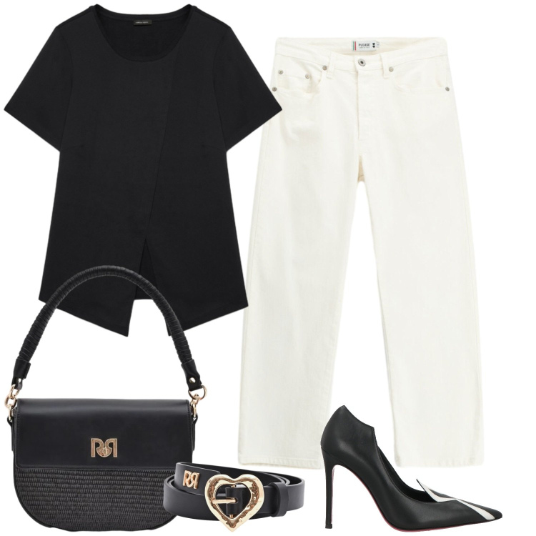 Outfit donna - Ufficio bianco e nero. Stile Minimal per Ufficio. Abbinamento con décolleté, borse a spalla, cinture, pantaloni, t-shirt.