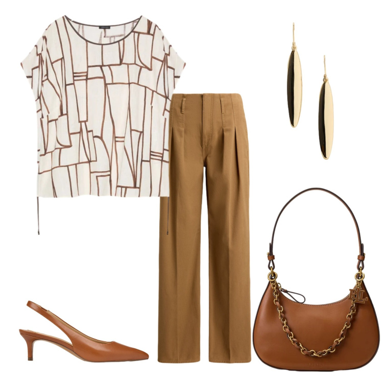 Outfit donna - Total look #2429195. Stile Chic per Ufficio. Abbinamento con t-shirt, décolleté, borse a spalla, orecchini, pantaloni.