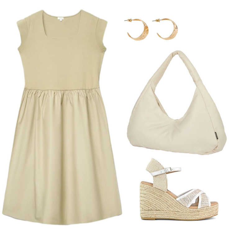Outfit donna - Total look #2429196. Stile Casual chic per Tutti i giorni. Abbinamento con orecchini, vestiti corti, borse a spalla, zeppe.