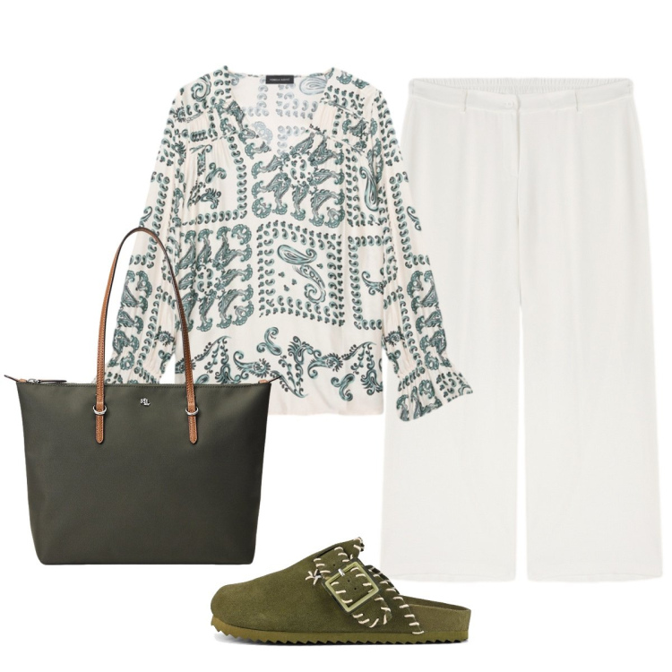 Outfit donna - Fresca per tutti il giorno. Stile Casual chic per Ufficio. Abbinamento con bluse, pantaloni, borse tote, sabot.
