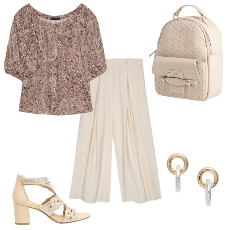 Outfit donna - Total look #2429217. Stile Casual chic per Ufficio. Abbinamento con zaini, sandali col tacco, pantaloni a palazzo, bluse, orecchini.