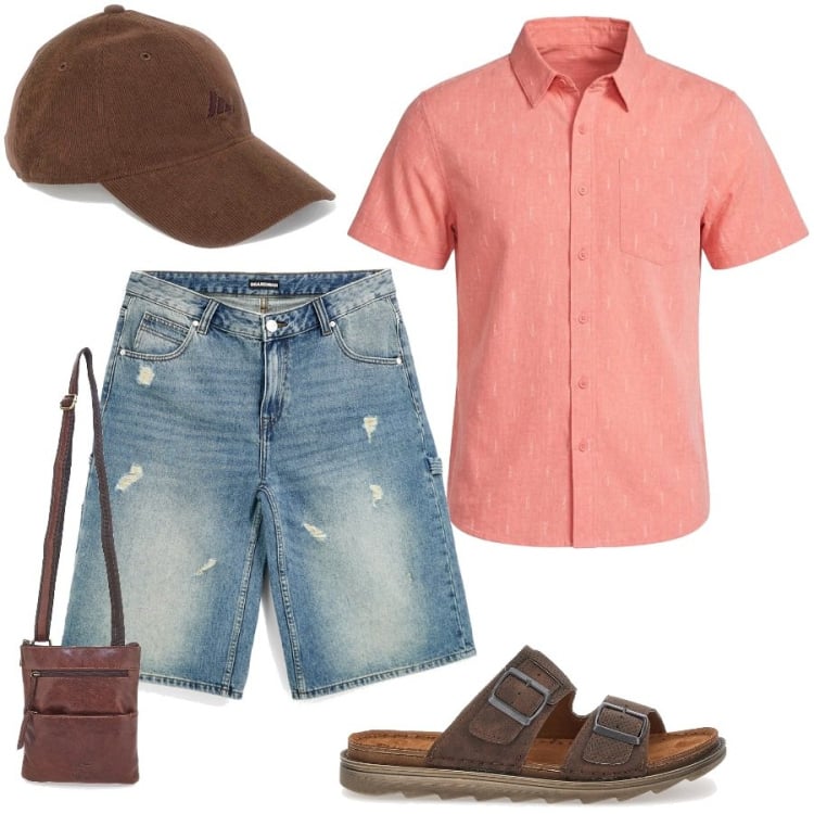 Outfit uomo - Total look #2429219. Stile Casual per Tutti i giorni. Abbinamento con portafogli, cappelli con visiera, shorts, camicie a manica corta, sandali.